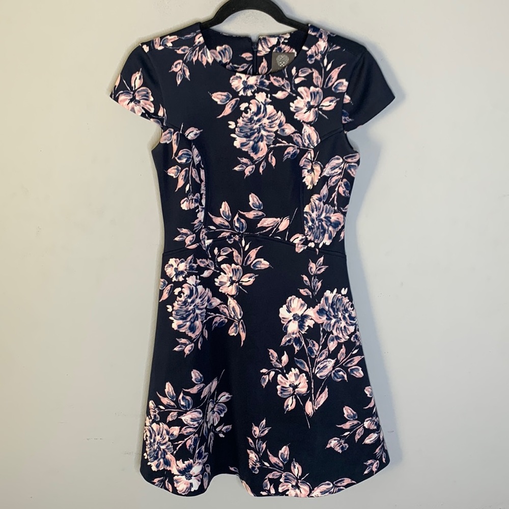 Vince Camuto navy blue pink floral scuba fit flare dress 2